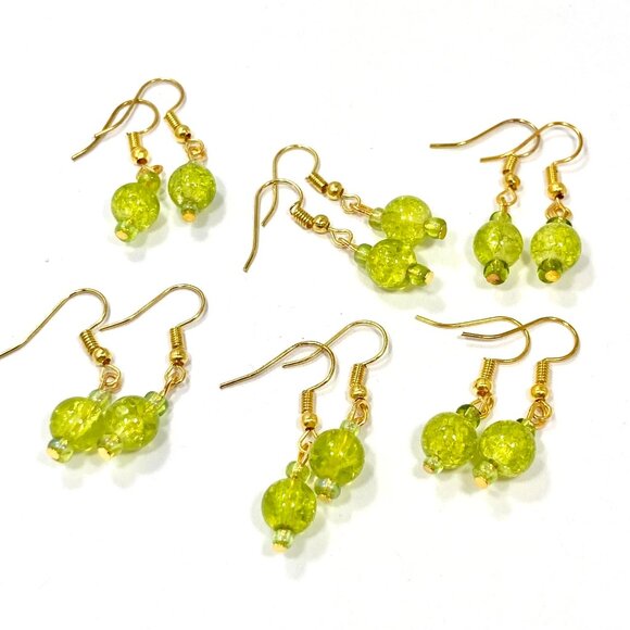 Murano Style Art Glass Bead Earrings Lime Green Gold Plated Crackled Glass Balls - Picture 6 of 8